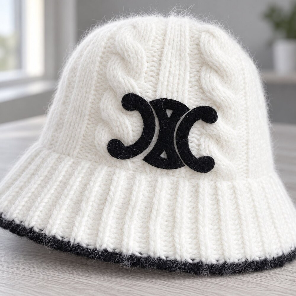 CELINE White Triomphe Knit Bucket Beanie - Picture 5 of 6